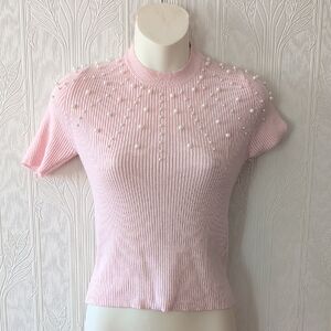 Short Sleeve Pearl Turtleneck Top